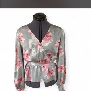 Express Floral Wrap Blouse - Gray and Pink
